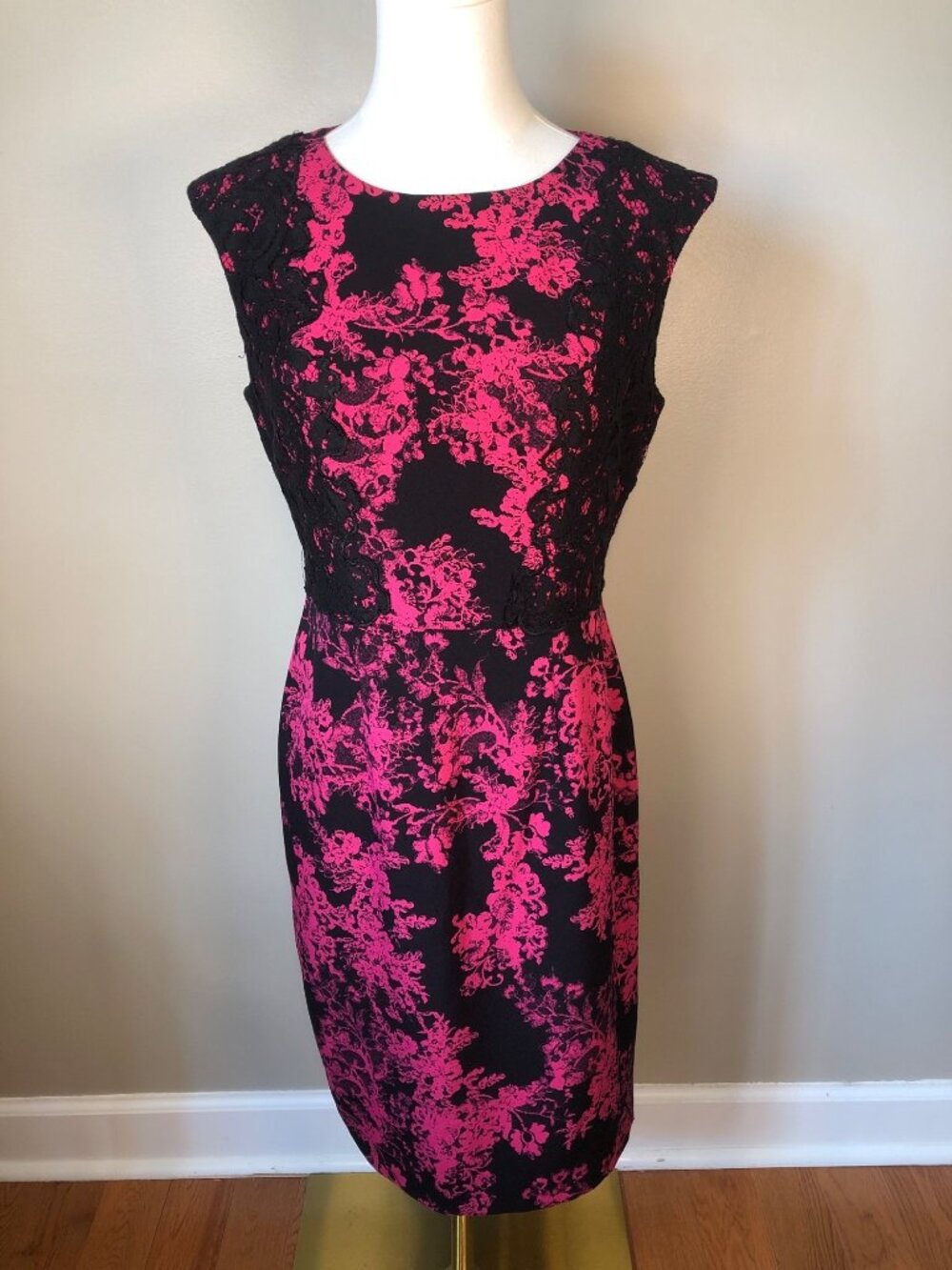 Adrianna Papell Pink & Black Floral Lace Sheath Sophisticated Polished Dress 4